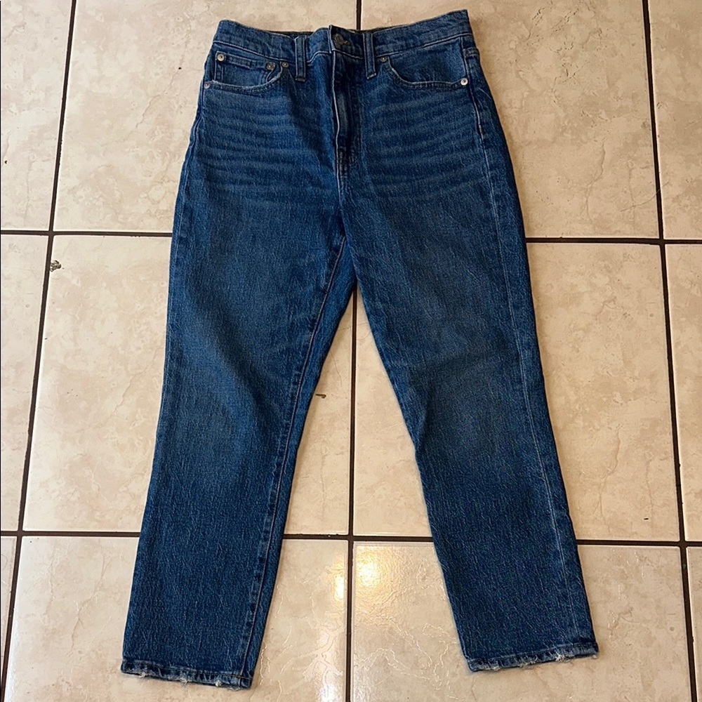 Madewell High-Rise Slim Crop Boyjean 27 Blue Medium Wash Distressed Hem Jeans